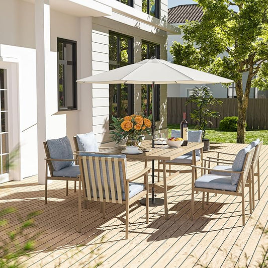 HAPPATIO 7-Piece Outdoor Dining Set for 6, Aluminum Patio Dining Set Includes 6 Dining Chairs and 1 Large Rectangular Table with Umbrella Hole, Patio Furniture Set for Lawn, Porch, Backyard, Brown