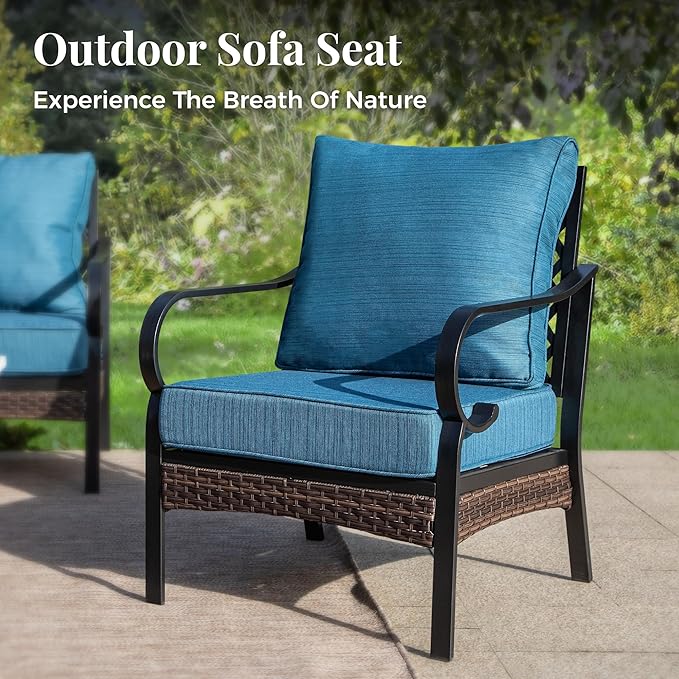 Patio Furniture Set with Firepit Table, Black Frame Outdoor Conversation Set with 4 x Fixed Chairs, 1 x 3-Seat Sofa for Lawn Garden Backyard, Pacific Blue