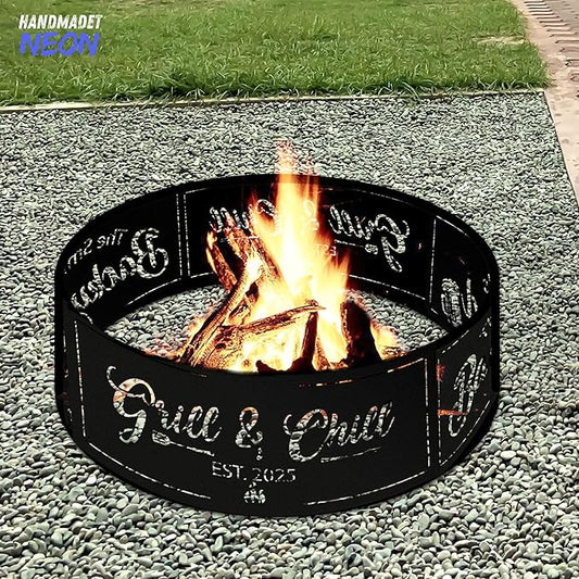 Personalized Grill & Chill Fire Pit Ring 360 Degree, Outdoor Fireplace, Custom Fire Pits for Outside Wood Burning, Patio Firepit, Camping Bonfire Firepits, BBQ Backyard Garden Decor