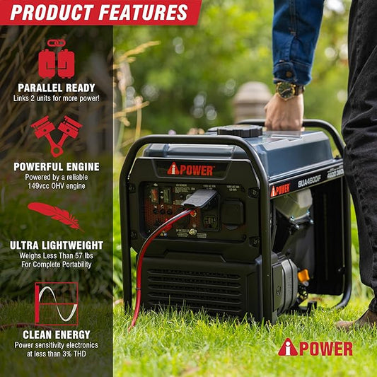 A-iPower 4600W RV-Ready Quiet Portable Inverter Generator Gas Powered, Ultra-lightweight Open Frame Power Supply for Tailigating/Home Backup, CO Sensor
