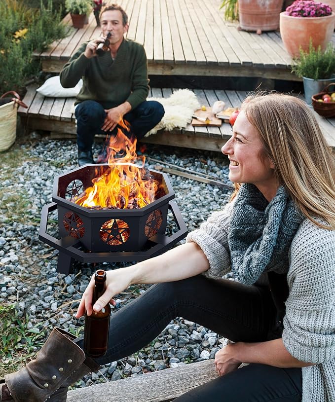 26 inch Fire Pit, Outdoor Fire Pit with Fire Poker, Octagonal Firepits for Outside Fire Pits & Outdoor Fireplaces Heavy Duty Steel Wood Burning Firepit for Bonfire, Camping, Backyard, Patio, Picnic