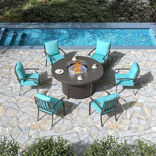 7 Pieces Patio Furniture Set with Round Fire Pit Table, Outdoor Conversation Sets 6 Chairs with Upgrade Cushions for Patio, Backyard Blue