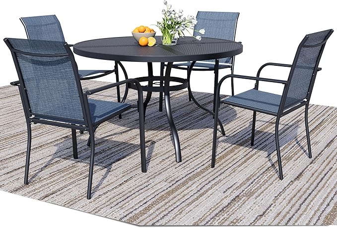 5 Piece Outdoor Dining Set, Patio Table and Chairs Set of 4, 42" Black Round Patio Table with 4 Blue Stackable Patio Chairs for Lawn, Garden, Porch