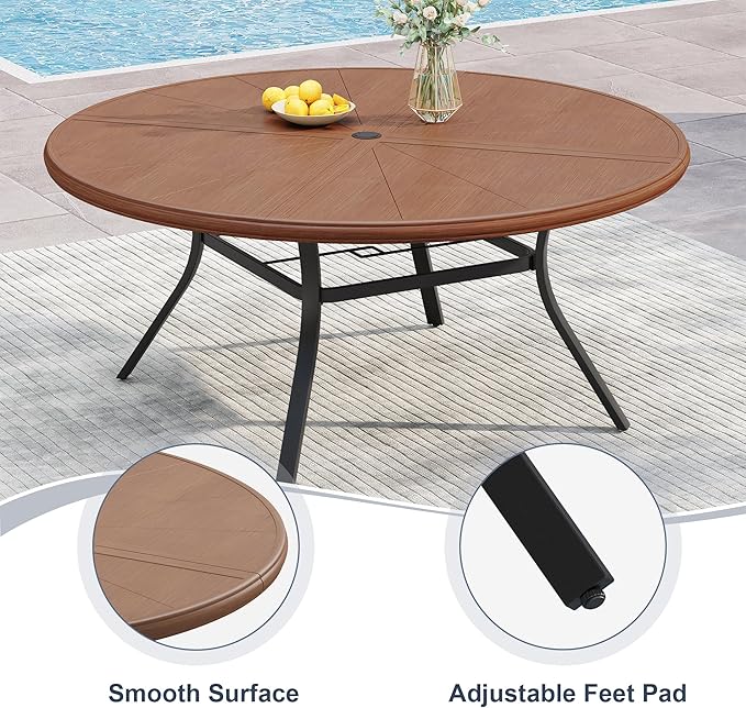 VICLLAX Round Patio Dining Table, 6-8 Person Aluminum Outdoor Dining Table with Umbrella Hole and Storage Shelf for Garden Lawn Deck, 53" Walnut