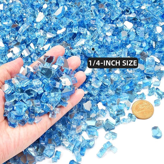 GasSaf 1/4 Inch Fire Glass Reflective Tempered Fireglass Cut Crushed FireGlass for Fire Pit, Fireplace, Replaces Existing Gas Logs & Lava Rocks (10 Pound)(Pacific Blue Reflective)