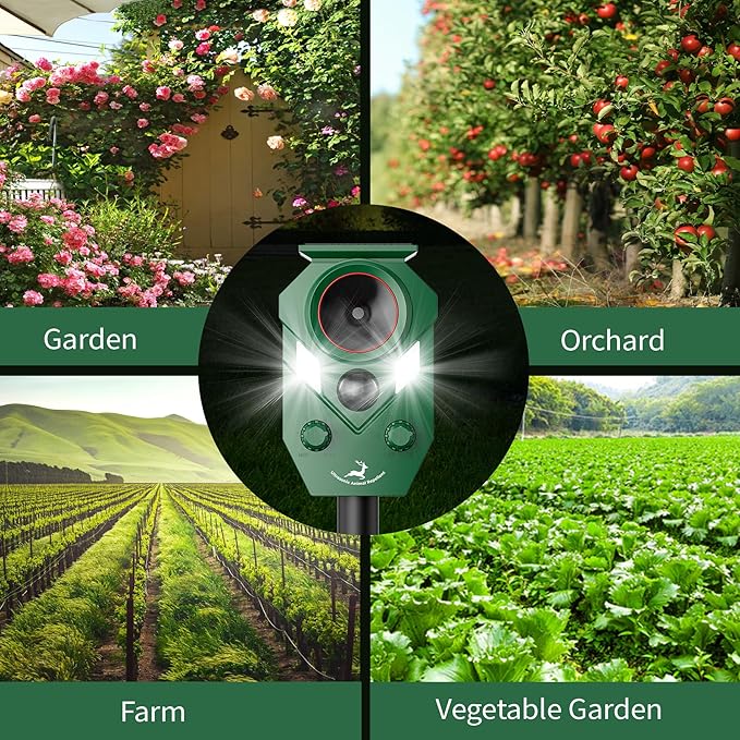 2 Packs Solar Ultrasonic Animal Repeller Device with PIR Sensor Detection, Waterproof Deer Repellent Device Outdoor for Deer, Squirrels, Cats, Dogs, Raccoons, Rabbits, Skunks, Foxes & More