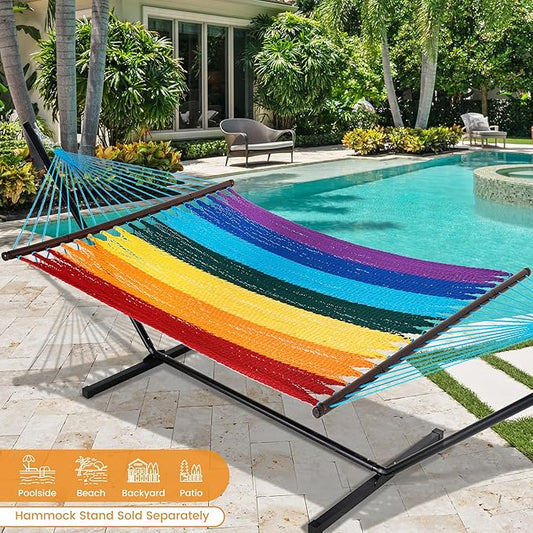 Lazy Daze Hammocks 10.5 FT Double 2 Person Caribbean Rope Hammock, Hand Woven Polyester Hammock with Spreader Bars, for Outside Outdoor Backyard Patio Poolside, 450 LBS Capacity, Rainbow