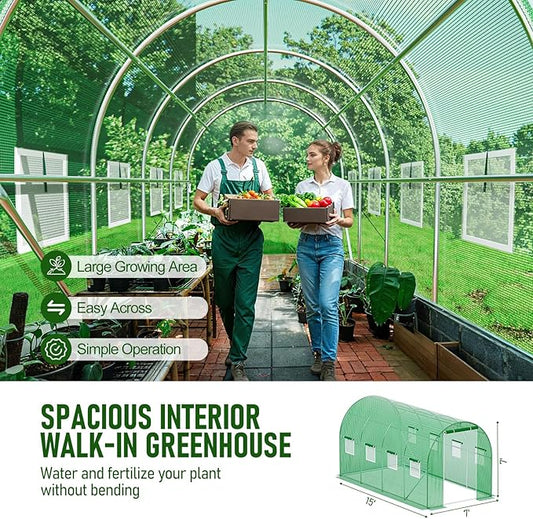 SPECILITE Walk-in Tunnel Greenhouse for Outdoors, 15×7×7 FT Heavy Duty Hoop House Kit with 8 Screen Windows, Thicken PE Cover & Galvanized Frame, Portable Large Green Houses for Outside, Winter, Green