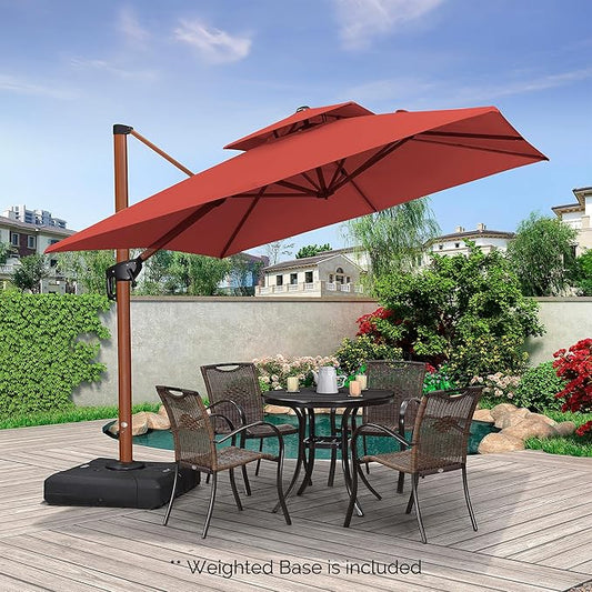 PURPLE LEAF Patio Umbrella with Base Outdoor Square Umbrella Large Cantilever Umbrella Windproof Offset Umbrella Heavy Duty Sun Umbrella for Garden Deck Pool Patio, 9ft Brick Red