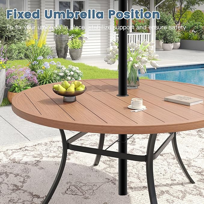 DIFY Patio Round Dining Table, 53" All Weather Round Outdoor Table with 1.57" Umbrella Hole for 8 Person, Perfect for Yard, Balcony and Lawn, Walnut