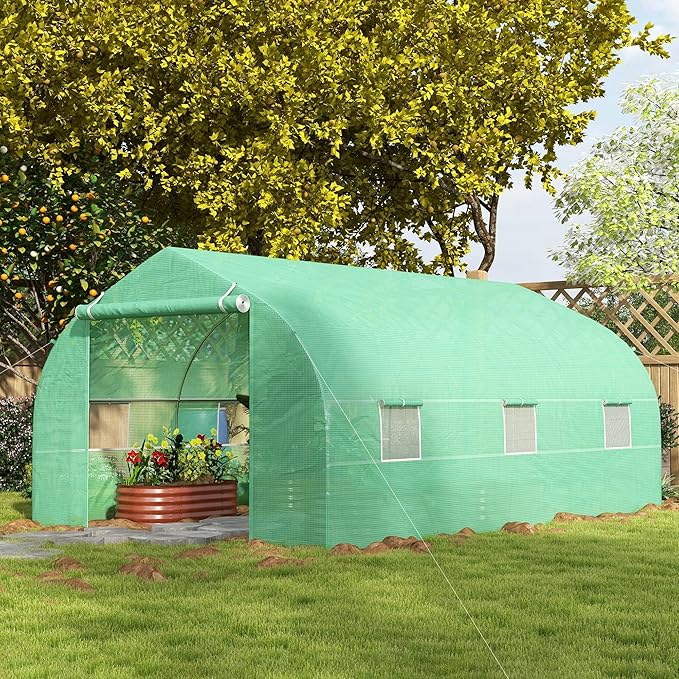 Outsunny 11.5' x 10' x 6.5' Outdoor Walk-in Greenhouse, Tunnel Green House with Roll-up Windows, Zippered Door, PE Cover, Heavy Duty Steel Frame, Green