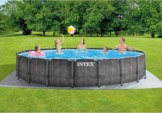 Intex Prism Frame Round Above Ground Outdoor Swimming Pool Set with Filter Pump, Ladder, Ground Cloth, and Pool Cover, Greywood