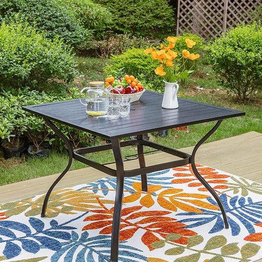 PHI VILLA 37" Patio Table for 4, Metal Outdoor Dining Table with E-Coating, Square Steel Slated Outdoor Table with 1.57" Umbrella Hole for Garden Backyard, Black