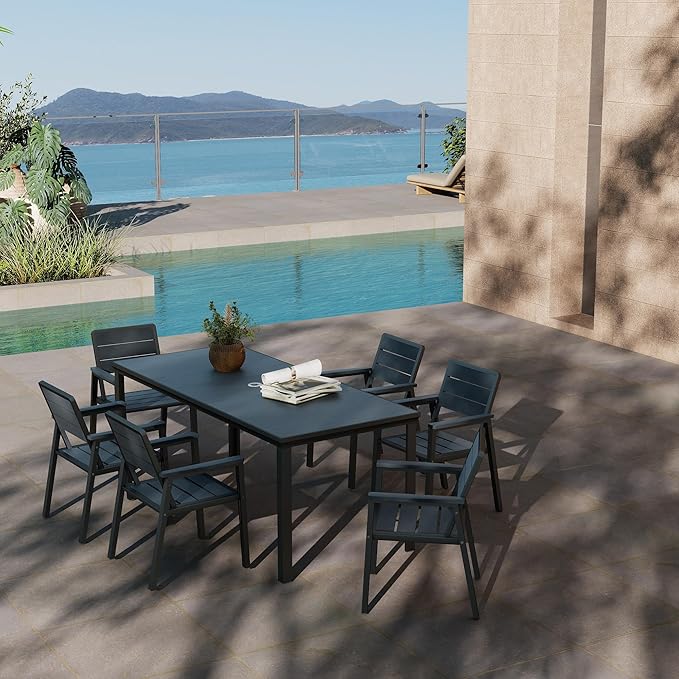 Kingdura 7 Piece Patio Dining Set for 6, HDPE Outdoor Table & Chairs with Umbrella Hole, All-Weather Outdoor Furniture Patio Conversation Set for Lawn Pool Backyard, Blue