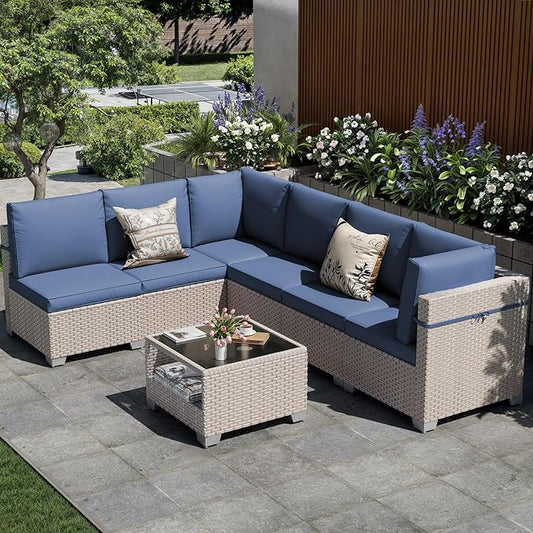 7 Pieces Patio Furniture Set, Outdoor Sectional Wicker Sofa with Thick Cushions and Storage Coffee Table, Rattan Patio Conversation Sets for Deck Yard Poolside, Navy