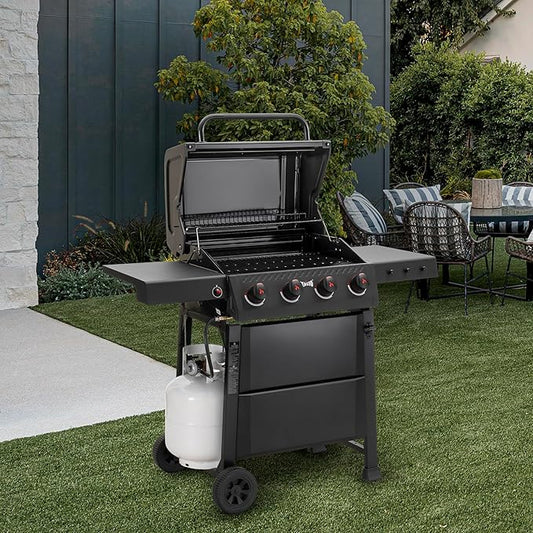 4 Burner Gas Grill, 36,000 BTU Outdoor BBQ Grill with Side Table for Outdoor Cooking & Backyard Barbecue, Premium Enameled Coated Chamber Body with Porcelain-Enameled Grates, Black