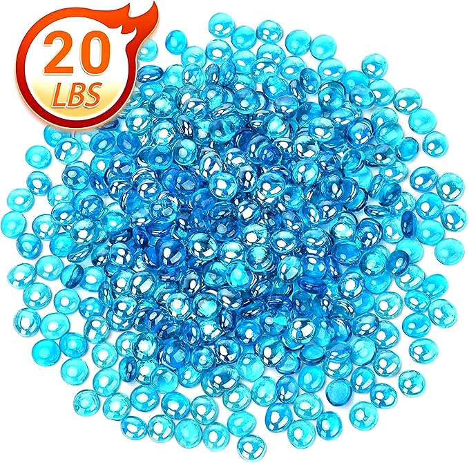 Mr. Fireglass Caribbean Blue Fire Glass Beads, 1/2 Inch Reflective Round Fire Glass Drops Rocks for Outdoor Fire Pit, Fireplace and Fire Pit Table, 20 Pounds