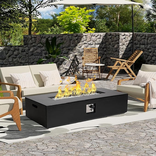 56" Outdoor Propane Fire Pit Table, Rectangle Terrazzo Fire Table w White Fire Glass(50,000 BTU), Patio Firepit Table Gas Fire Table w Rain Cover for Outside, Backyard