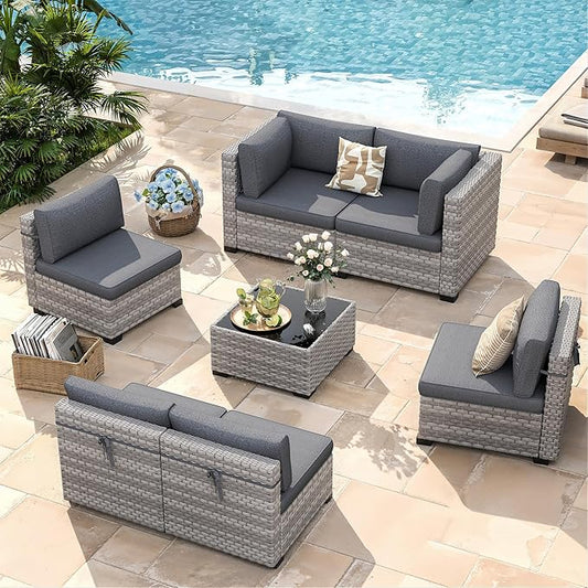 6-Seat Modular Patio Furniture Set – Outdoor Wicker Sectional Sofa with Thick 4″ Cushions, Dual-Strand PE Rattan, Rust-Resistant 18 mm Steel Frame, Backyard Garden Deck Lounge,Black