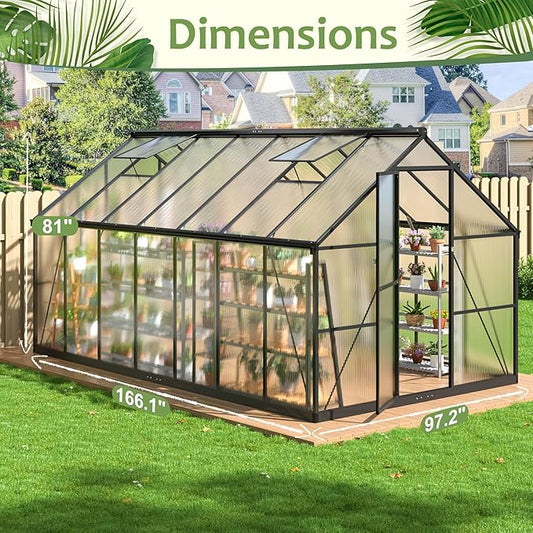 Polar Aurora 8x14 FT Outdoor Greenhouse, Polycarbonate Structure with Easy Assembly and Roof Vent, Large Walk-in Aluminum Greenhouse for Backyard and Garden, Black