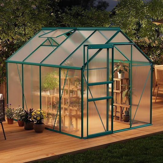 Garvee 6 x 8 FT Outdoor Greenhouse, Polycarbonate Greenhouses with Aluminum Frame, Sliding Door, Adjustable Roof Vent for Backyard, Green Houses for Outside Garden Backyard, Patio, Green