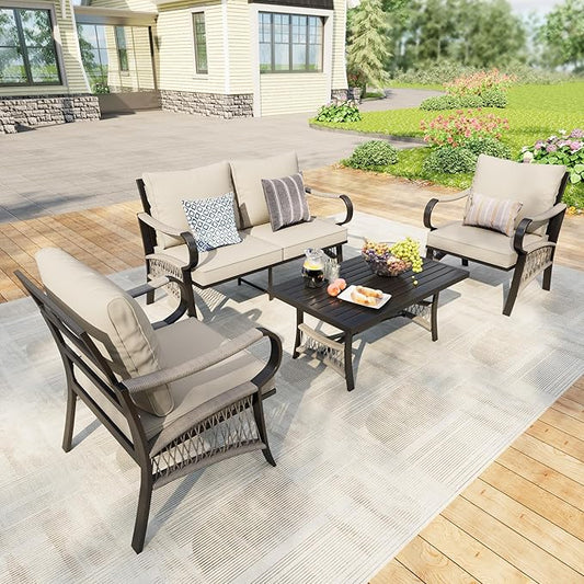 4 Pieces Patio Conversation Sets, Outdoor Furniture with Metal Waterproof 2 Single Chairs with 5" Extra Thick Cushion 1 Loveseat Sofa with Coffee Table, Beige