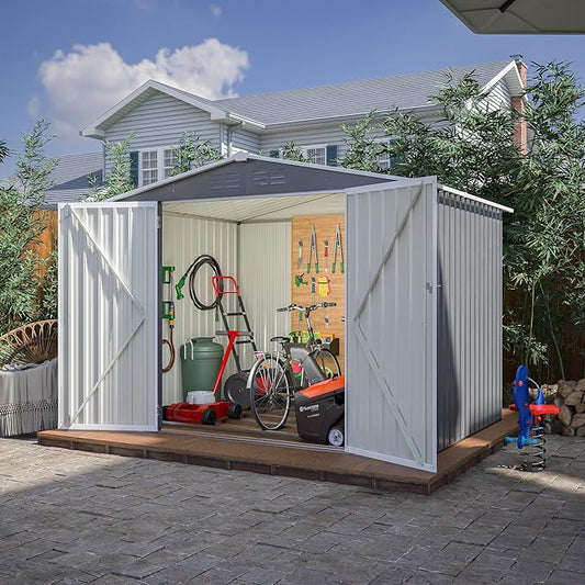 6x8 FT Outdoor Storage Shed, Metal Garden Shed with Frame Floor, Outside Tool Shed with Lockable Hinged Doors, Waterproof Storage Building with Sloped Roof for Backyard, Patio, Lawn, Gray