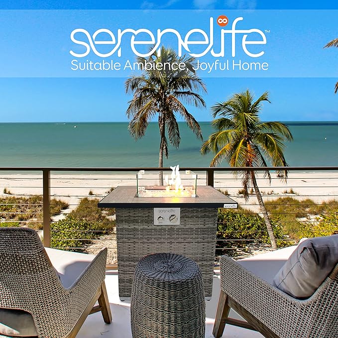 SereneLife 30” Outdoor Gas Fire Pit Table, 50,000 BTU Square Propane Firepit with Tile Top, Glass Rocks, Wind Guard, Weather-Resistant Wicker Base, Stainless Steel Burner, CSA Certified