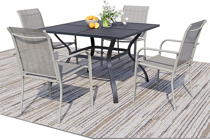 5 Piece Outdoor Dining Set, Patio Table and Chairs Set of 4, 37.5" Black Square Patio Table with 4 Grey Stackable Patio Chairs for Lawn, Garden, Porch