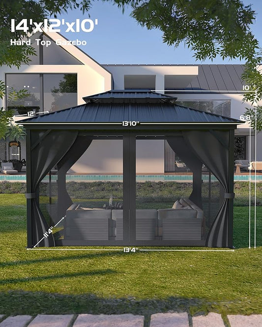 GarveeLife Hardtop Gazebo 12 ft x14 ft for All Weather, with Double Metal Roof, Aluminum Alloy Frame, Net, and Curtain, Permanent Building for Patio, Deck, Backyard, Lawn, and Garden
