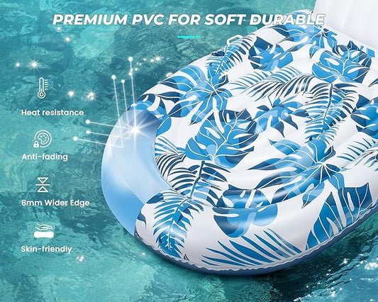 Pool Floats Adult 1-2-3 Person Inflatable Lounger, Extra Large Tanning Recliner Floaty Chair Raft with Backrest, Footrest, Cup Holder for Pool, Lake, River, Beach, Ocean & Party Use