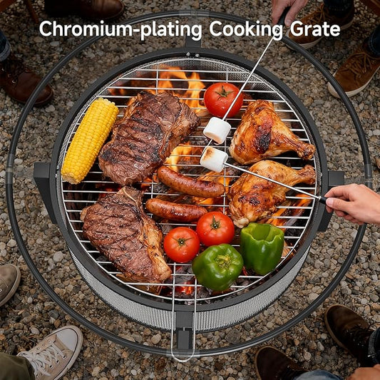 ONBRILL 2-in-1 36 Inch Fire Pit with Cooking Grill, Outdoor Wood Burning Firepit with Poker for BBQ, Bonfire, Picnic, Party, Round Metal Fire Pit for Outside, Backyard, Patio