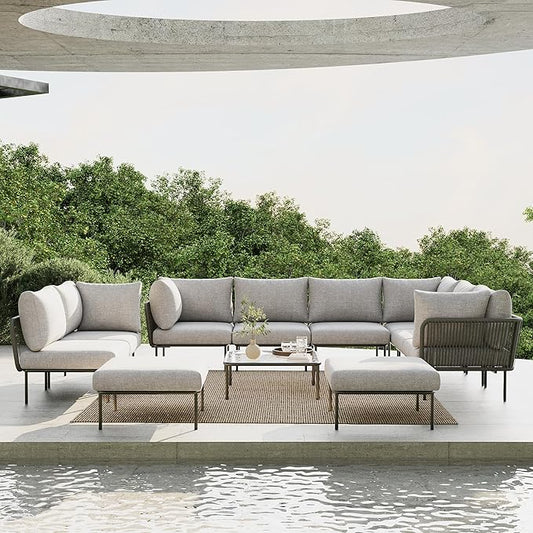 11 Piece Modern Outdoor Rope Wicker Sectional Patio L-Shaped Conversation Sofa Set Deep Seating with Thick Cushions