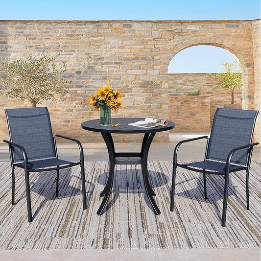 3 Piece Outdoor Dining Set, Patio Table and Chairs Set of 2, 27.6" Black Round Patio Table with 2 Dark Blue Stackable Patio Chairs for Lawn, Garden, Porch