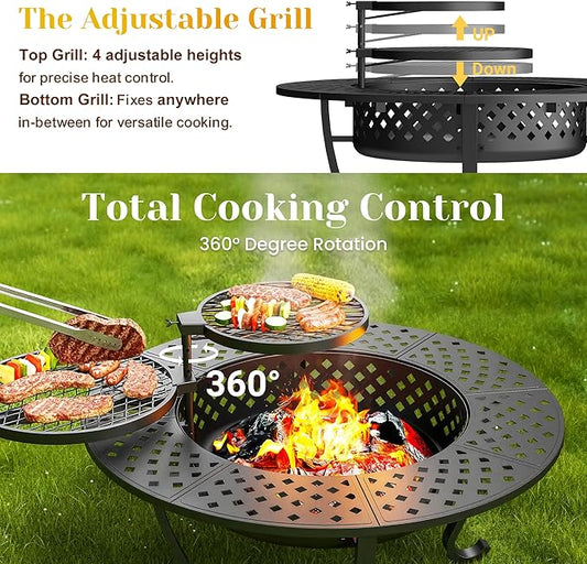 Outdoor Fire Pit, 43" Fire Pit for Outside Wood Burning with Adjustable 2 Grills, Outdoor Fireplace with Lid and Fire Poker, BBQ, Bonfire, Round Firepit 3 in 1 for Patio, Backyard, Garden, Black
