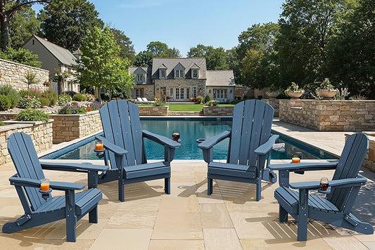 SERWALL Folding Adirondack Chair, Dual Cup Holders & All-Weather HDPE, Wood-Like Patio Chair for Backyard, Camping,Pool & Fire Pit- Navy
