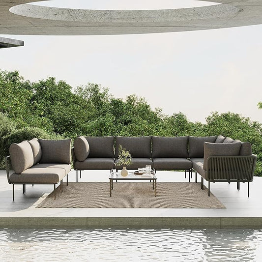 9 Piece Modern Outdoor Rope Wicker Sectional Patio L-Shaped Conversation Sofa Set Deep Seating with Thick Cushions