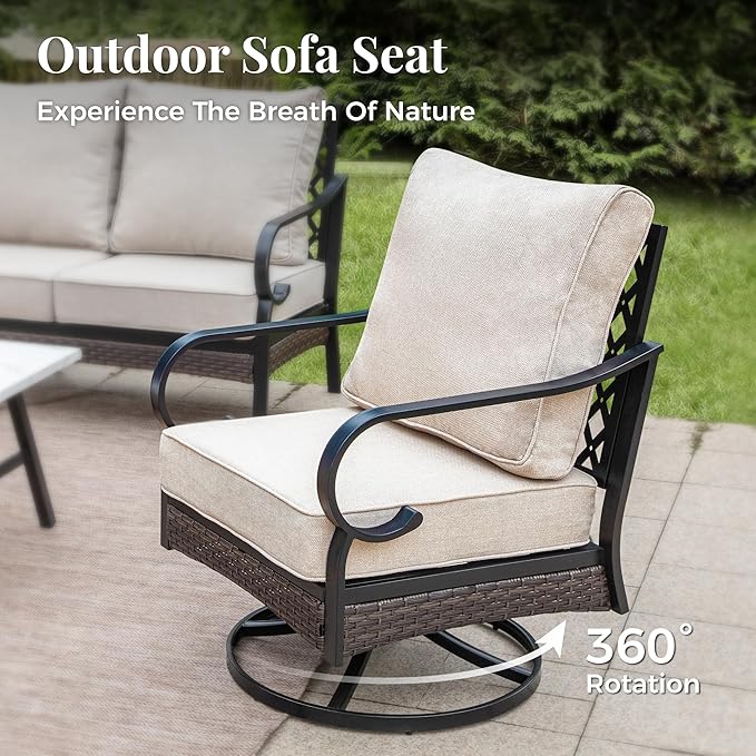 Patio Furniture Set with Firepit Table, Black Frame Outdoor Conversation Set with 2 x Fixed Chairs, 2 x Swivel Chairs, 1 x 3-Seat Sofa for Lawn Garden Backyard, Beige