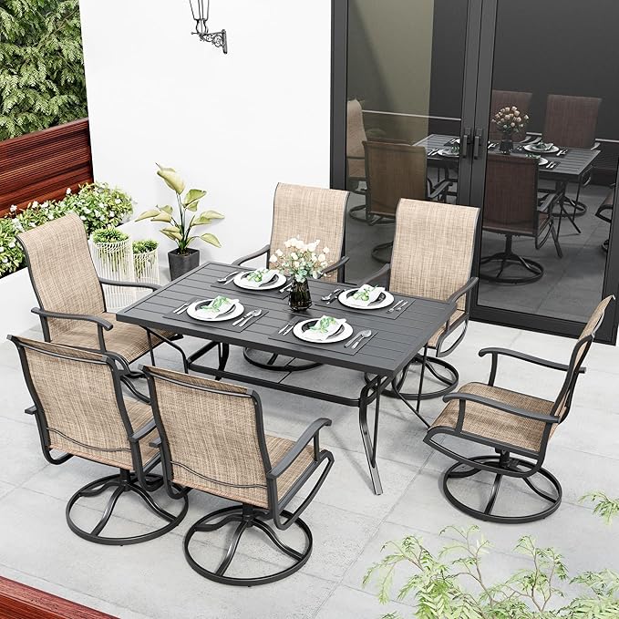7-Piece Outdoor Dining Set, Patio Furniture Set with Textilene Swivel Chairs,Outdoor Table & 6 Chairs for Garden, Backyard, Poolside, Deck, Beige