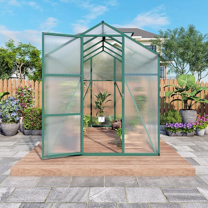 KEIKI 6x8 FT Polycarbonate Greenhouse for Outdoors, Durable Aluminum Walk-in Greenhouse with Gutter Drainage & Tall Growing Space for Plants, Green