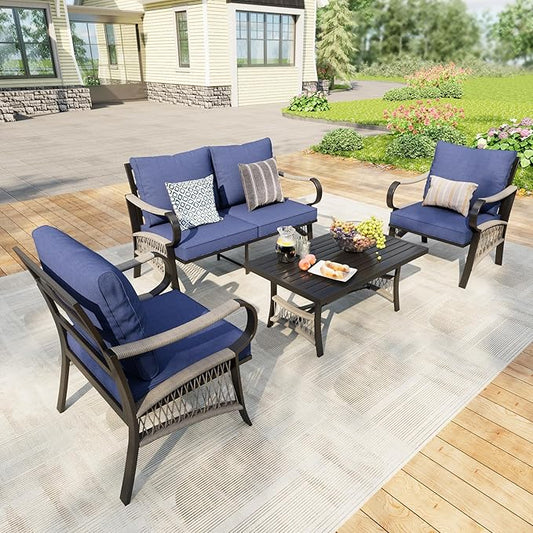 4 Pieces Patio Furniture Set, Outdoor All Weather Metal Conversation Sets with 2 Single Chairs, 1 Loveseat Sofa, 1 Coffee Table for Backyard, Garden, Deck, Blue