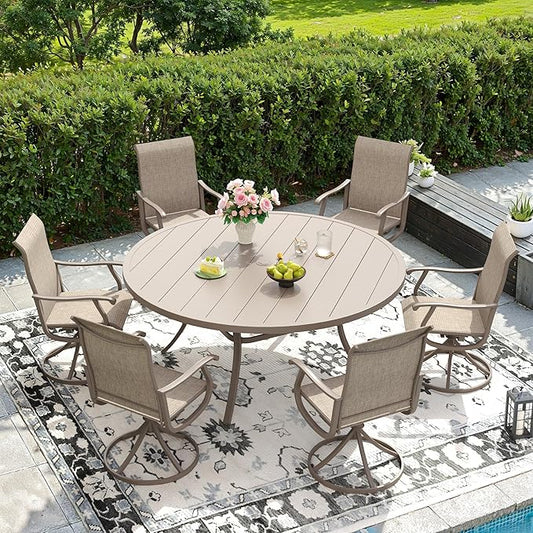 DIFY 53" Round Outdoor Patio Dining Table for 8, Metal Patio Table with 1.57" Adjustable Umbrella Hole, All-Weather Dining Furniture Table for Backyard Lawn Garden, Cream