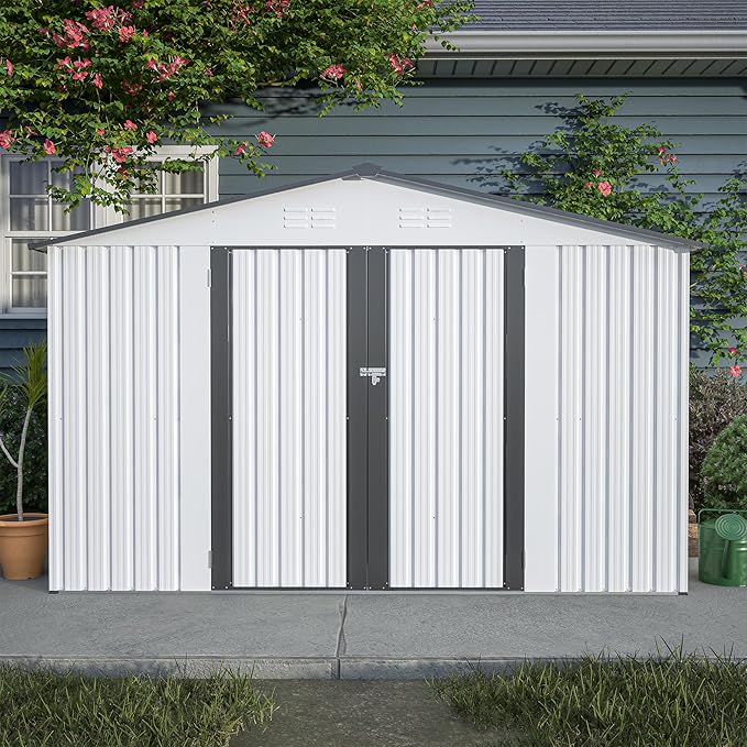 8x10 FT Outdoor Storage Shed, Metal Garden Shed with Lockable Hinged Doors, Outside Tool Shed with Sloped Roof & 4 Air Vents, Waterproof Storage Building for Backyard, Patio, Lawn, White