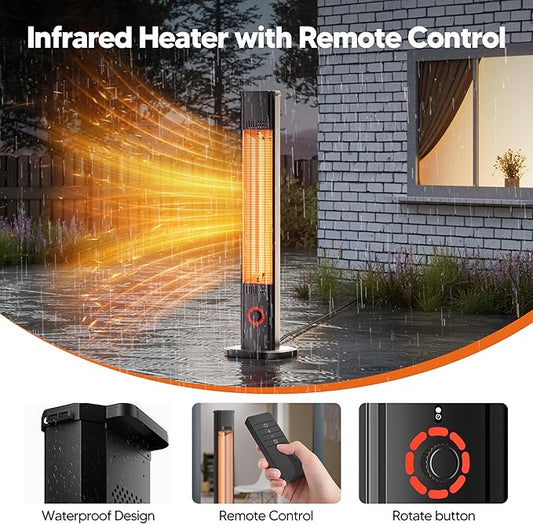 Outdoor Heater for Patio 1500W, 8H Timer, IP34 Waterproof, Infrared Electric Patio Heater, 8 Levels Heating for Garage Backyard Black with Dustproof Cover