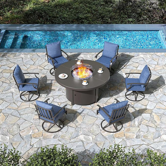 7 Pieces Patio Furniture Set with Round Fire Pit Table, Outdoor Conversation Sets 6 Swivel Chairs with Upgrade Cushions for Patio, Backyard Dark Blue
