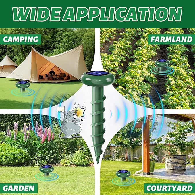 Solar Powered Ultrasonic Mole Repellent,Outdoor Animal Repellent Effective Get Rid of Snake Skunk Vole Groundhog Chipmunk Squirrel,Yard Garden Spiral IP 65 Waterproof Sonic Spikes(6 Pack)