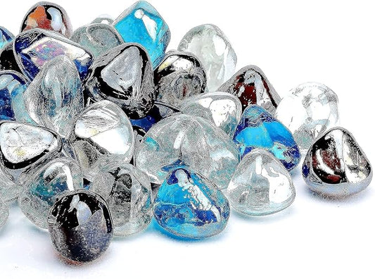Fire Glass Diamond 1 Inch Fire Pit Glass Rocks for Propane or Gas Fire Pit (Gift Package) (10 Pounds, White/Amber/Margarita Azura Blue Blend)