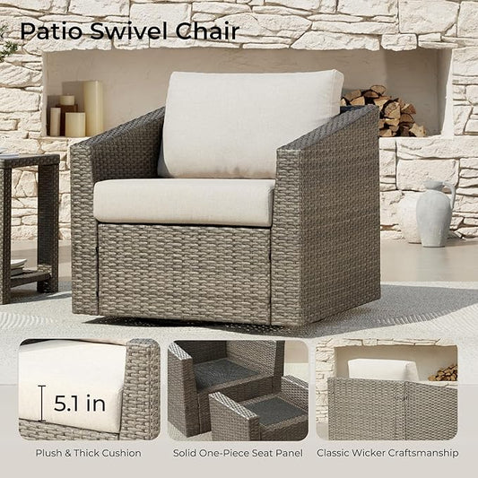 CHITA Patio Wicker Chair, 360° Swivel Outdoor Rattan Chair with Thickened Cushions for Backyard, Poolside, Garden or Porch, Beige Cushions with Grey Wicker