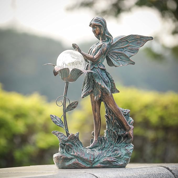 TERESA'S COLLECTIONS Garden Fairy Large Bronze Garden Sculptures & Statues Resin with Solar Outdoor Light, Valentines Decorations Lawn Ornaments for Outdoor Decor, Gifts for Women Mom, 11"