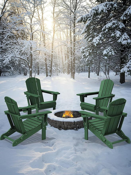 KINGYES Folding Adirondack Chair Set of 2, Dual Cup Holders & All-Weather HDPE, Wood-Like Patio Chair for Backyard, Camping, Pool & Fire Pit, Dark Green